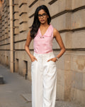 Pink Linen V-Neck Buttoned Top