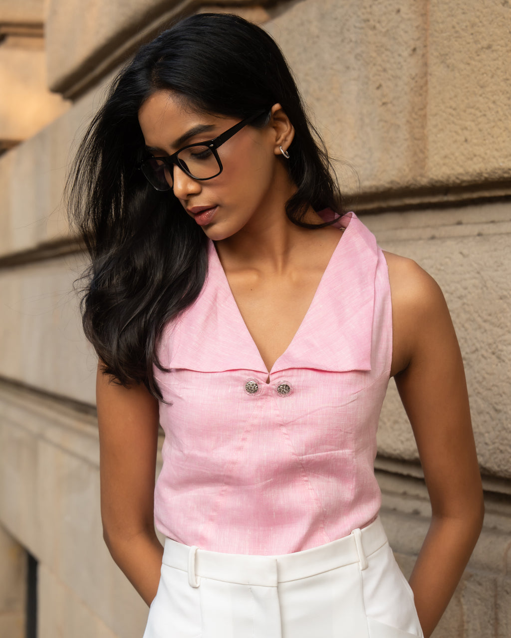 Pink Linen V-Neck Buttoned Top