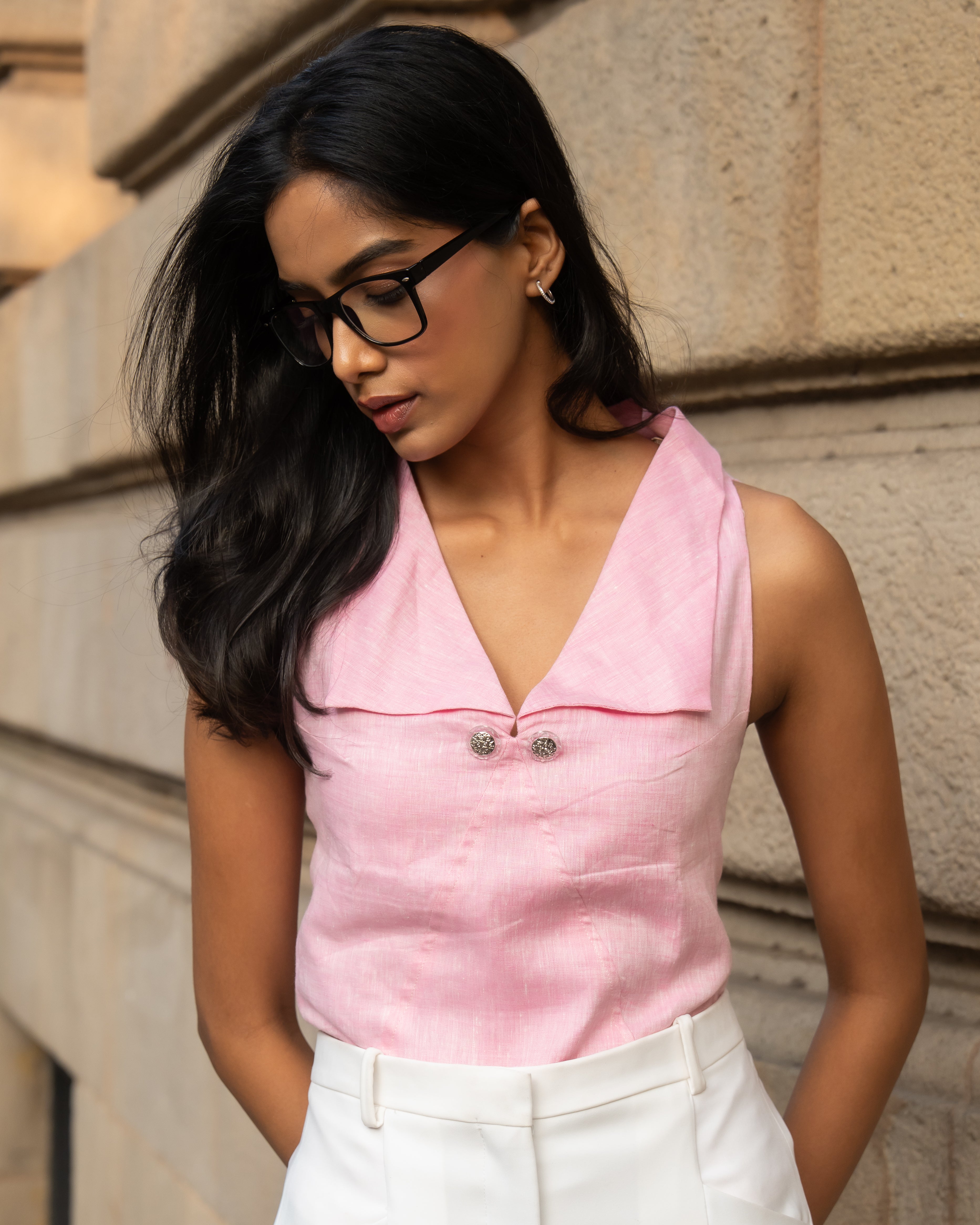 Pink Linen V-Neck Buttoned Top