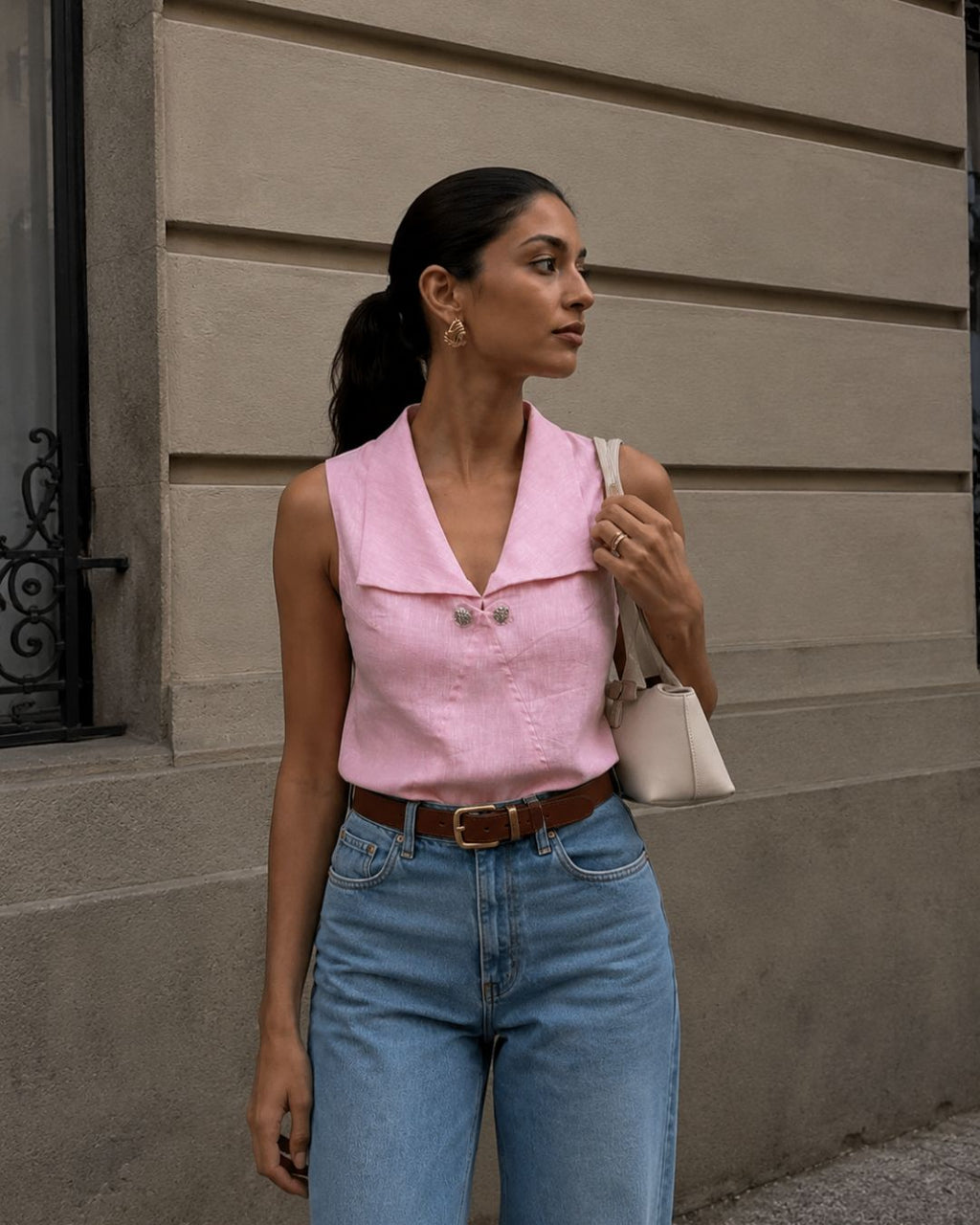 Pink Linen V-Neck Buttoned Top