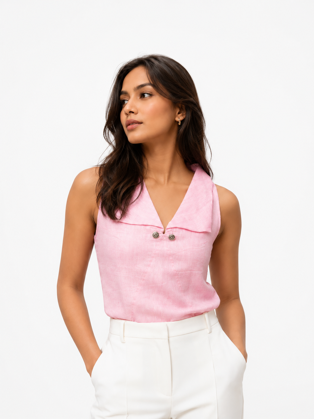 Pink Linen V-Neck Buttoned Top